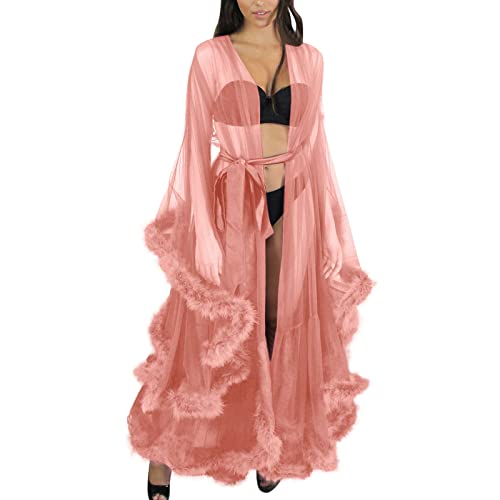 QinMMSPORTS Damen Kimono Nachthemd Transparent Spitze Morgenmantel See-Through sexy Feder Spitze Nacht Robe abgefackelt Hülsenendbereichs Kleid Parteinachtwäsche (Pink, Einheitsgröße) von QinMMSPORTS