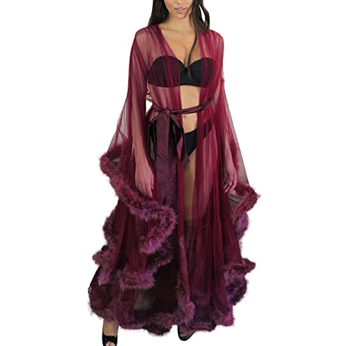 QinMMSPORTS Damen Kimono Nachthemd Transparent Spitze Morgenmantel See-Through sexy Feder Spitze Nacht Robe abgefackelt Hülsenendbereichs Kleid Parteinachtwäsche (Wine, Einheitsgröße) von QinMMSPORTS