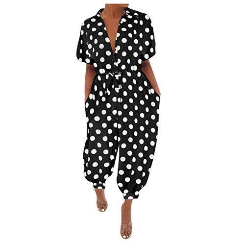 QinMMSPORTS Damen-Overall mit kurzen Ärmeln, Polka Dot-Print, V-Ausschnitt, Knöpfe, Freizeithose, lockerer und dünner Jumpsuit mit Taillengürtel, Leichter Stoff, atmungsaktiv (Black, L) von QinMMSPORTS