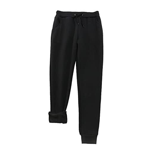 QinMMSPORTS Damen Warme Sherpa Gefüttert Jogginghose Kordelzug Sportlich Jogger Fleece Hosen mit Taschen Frauen Innenfutter Sweathose Lounge Pants mit Kordelzug Trainieren Yoga-Hose (Schwarz, M) von QinMMSPORTS