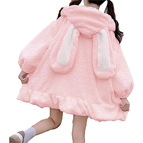 Lolita Kleid Japanischer Stil Herbst Winter Frauen Süße Warme Jacke Kawaii Weiche Lammwolle Rüschen Kaninchenohren Kapuzenmäntel Mädchen Parkas Outwear Tops (Rosa, M) von QinMMSPORTS