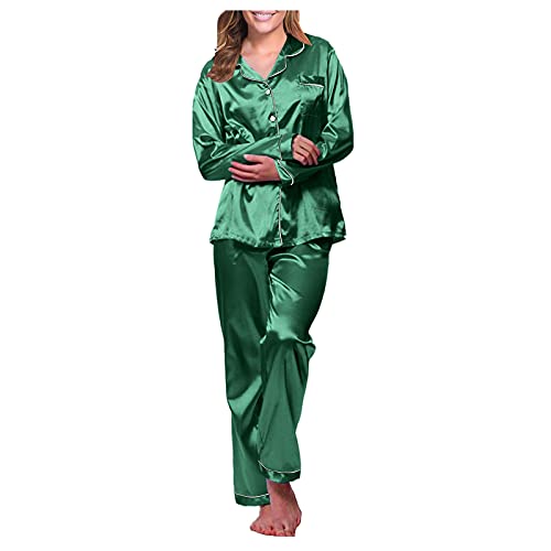 QinMMSPORTS Pyjama Satin Damen Set Schlafanzug Damen Lang Silk Elegant Nachtwäsche Damen Schlafanzug Pyjama Satin Lang Nachtwäsche Set Klassische Loungewear (Grün, L) von QinMMSPORTS