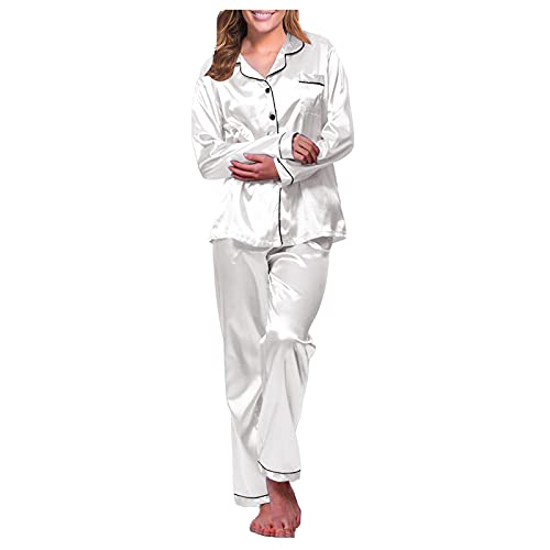 QinMMSPORTS Pyjama Satin Damen Set Schlafanzug Damen Lang Silk Elegant Nachtwäsche Damen Schlafanzug Pyjama Satin Lang Nachtwäsche Set Klassische Loungewear (Weiß, M) von QinMMSPORTS