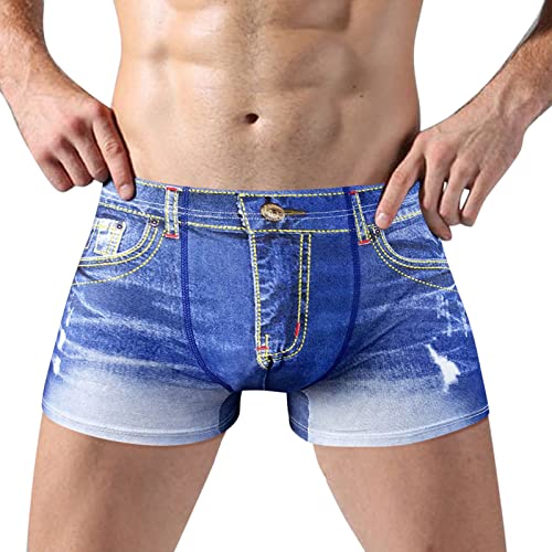 QinMMSPORTS Unterwäsche Herren Denim Bedruckt Boxershorts Lustig Jeansoptik Männer Unterhose Underwear Atmungsaktiv Casual Boxer Slips Baumwolle Trunks Shorts für Männer (Blau-1, L) von QinMMSPORTS