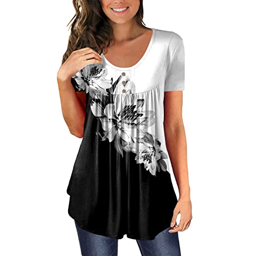 T-Shirt Damen Sommer V Ausschnitt Kurzarm Blumen Tunika Lose Plissee Knopfleiste Bluse Tops Floral Kurzarm Knopf Tunika Rüschen T-Shirts Einfarbig/Blumen Tunika Oberteile Top (C07, XXL) von QinMMSPORTS