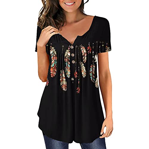 Tunika Damen Blumen Tops V Ausschnitt Kurzarm Knopfleiste Plissiert Bluse Casual T Shirt Oberteil Falten Tunika 3/4 Arm Elegante Bluse Lässig Shirt Plus Size Hemd von QinMMSPORTS