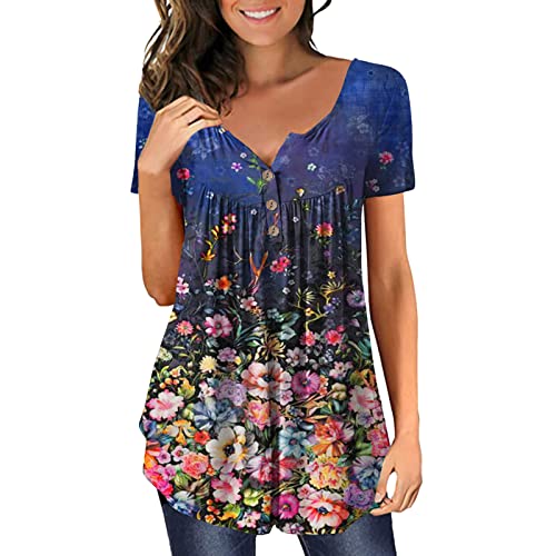 Tunika Damen Blumen Tops V Ausschnitt Kurzarm Knopfleiste Plissiert Bluse Casual T Shirt Oberteil Falten Tunika 3/4 Arm Elegante Bluse Lässig Shirt Plus Size Hemd von QinMMSPORTS