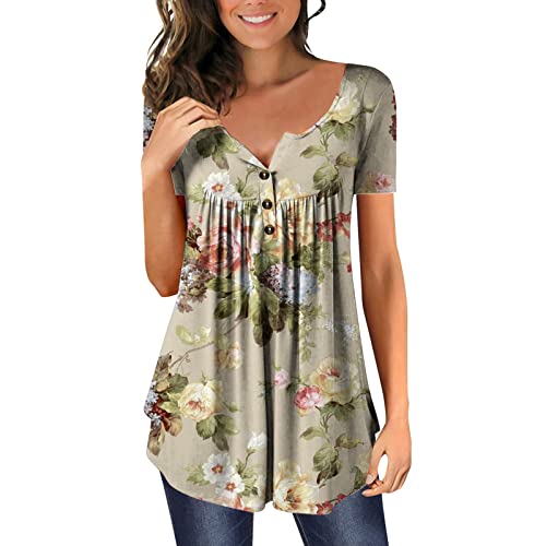 Tunika Damen Blumen Tops V Ausschnitt Kurzarm Knopfleiste Plissiert Bluse Casual T Shirt Oberteil Falten Tunika 3/4 Arm Elegante Bluse Lässig Shirt Plus Size Hemd von QinMMSPORTS