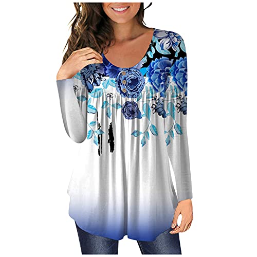 Tunika T-Shirt Damen Blumen Sommer Herbst V-Ausschnitt Plissee Knopfleiste Bluse Solid Lose Plissiert Tunika Winter Langarm/Kurzarm Tops Oberteil S - 2XL (D09, XXL) von QinMMSPORTS