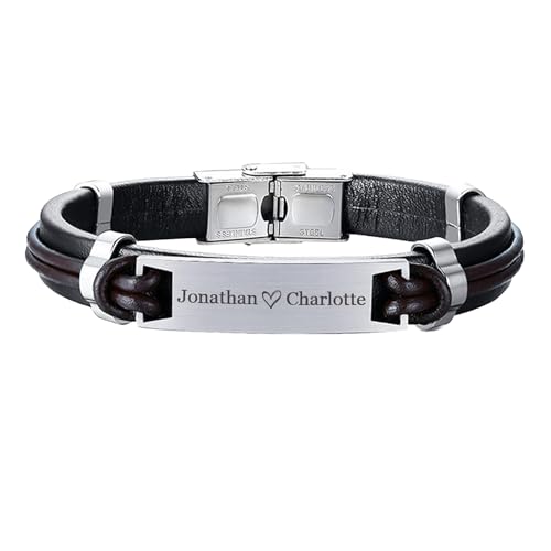 Qina C. Personalisierbarer Herren-Schmuck, Leder, B, Lasergravur, Name, Liebesnotiz, Text, handgefertigt, Geschenk für Ihn, Ehemann, Freund, Jahrestag, Geburtstag, Vatertag, Hochzeit, Regular, Stahl, von Qina C