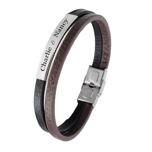 Qina C. Personalisiertes Herren-Lederarmband mit B-Name, personalisierbar, handgefertigt, Geschenk für Ihn, Ehemann, Freund, Sohn, Jahrestag, Vatertag, Geburtstag, Hochzeit, Regular, Stahl, Kein von Qina C