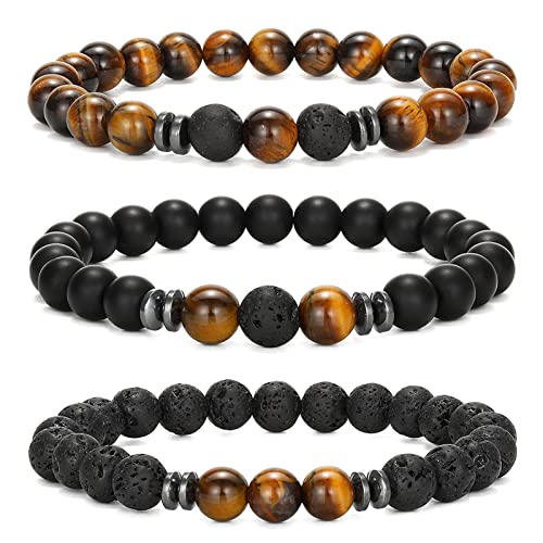 3pcs Heilende Chakra Perlenarmband Schutz Obsidian Bracelet Schwarzer Stein Armband Lavastein Armband Onyx Natursteinperlen Tigerauge Stein Kugelarmband 8mm für Glück Wohlstand Herren Freunde Damen von QincLing