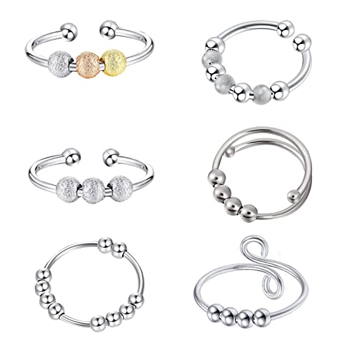 6Pcs Silber Fidget Angst Ringe Set Zappelringe Verstellbare Fingerringe Spinning Ringe Bead Ring Offene Anxiety Ring Spinner mit Perlen Band Ring für Damen Herren Anti Stress Ängstlichkeit Entlastung von QincLing