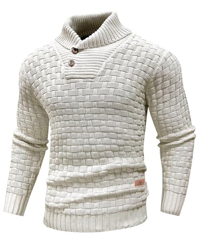 Qinfren Herren Strickpullover Rollkragen mit Knopfleiste Texturierte Gerippte Kante Basic Sweater Einfarbig Klassischer Winterpullover von Qinfren