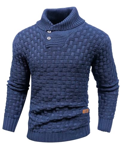 Qinfren Herren Strickpullover Rollkragen mit Knopfleiste Texturierte Gerippte Kante Basic Sweater Einfarbig Klassischer Winterpullover von Qinfren