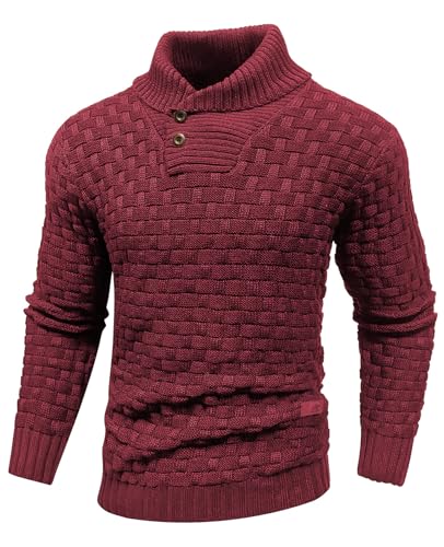 Qinfren Herren Strickpullover Rollkragen mit Knopfleiste Texturierte Gerippte Kante Basic Sweater Einfarbig Klassischer Winterpullover von Qinfren