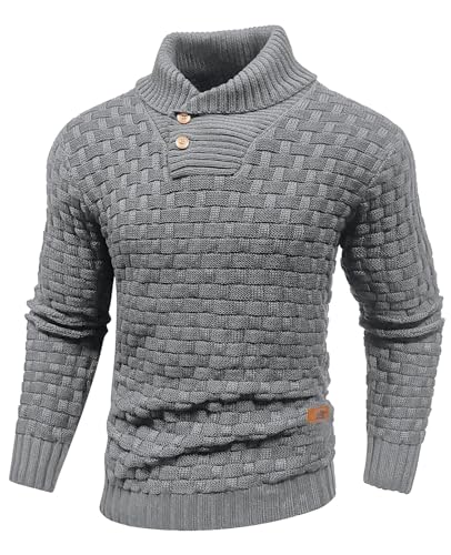 Qinfren Herren Strickpullover Rollkragen mit Knopfleiste Texturierte Gerippte Kante Basic Sweater Einfarbig Klassischer Winterpullover von Qinfren