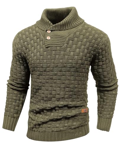 Qinfren Herren Strickpullover Rollkragen mit Knopfleiste Texturierte Gerippte Kante Basic Sweater Einfarbig Klassischer Winterpullover von Qinfren