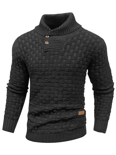 Qinfren Herren Strickpullover Rollkragen mit Knopfleiste Texturierte Gerippte Kante Basic Sweater Einfarbig Klassischer Winterpullover von Qinfren