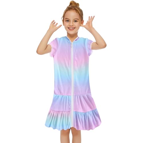 Badeponcho Kinder Einfarbig Strandkleid Mädchen Badeanzug Coverup Kleid Sommer Schwimmen Cover Up Kinderkleider Kurzarm Bademantel Kleider Teenager Poncho Mädchenkleid mit (1-Light Blue, 7-8 Years) von QingHUImao