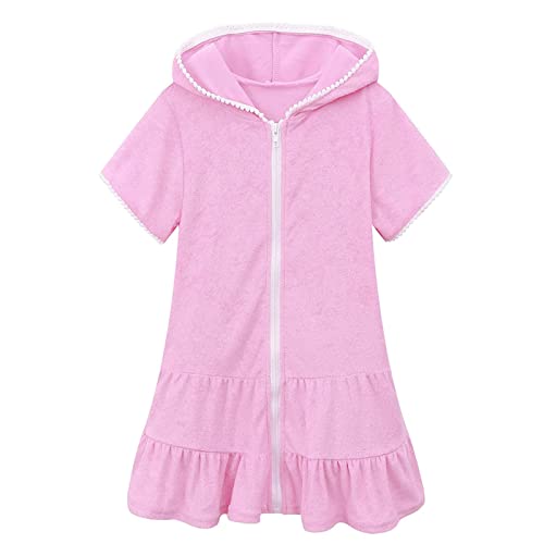 Badeponcho Kinder Einfarbig Strandkleid Mädchen Badeanzug Coverup Kleid Sommer Schwimmen Cover Up Kinderkleider Kurzarm Bademantel Kleider Teenager Poncho Mädchenkleid mit (A-Pink, 6-7 Years) von QingHUImao