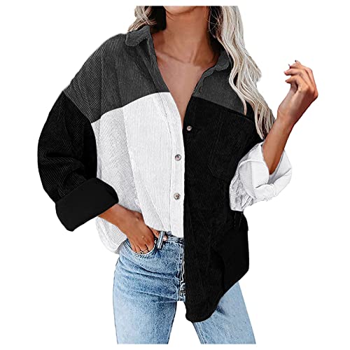 Bluse Damen Cordhemd mit Knopfleiste Damen Oversized Langarm Jacke Bluse Tops Cordhemd Cordjacke Damen Oversize Shirt Frauen Hemdjacke aus Cord Langarm Lose Cordstoff Bluse (A-017, L) von QingHUImao