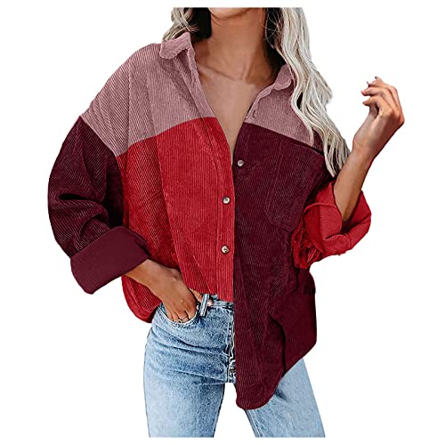 Bluse Damen Cordhemd mit Knopfleiste Damen Oversized Langarm Jacke Bluse Tops Cordhemd Cordjacke Damen Oversize Shirt Frauen Hemdjacke aus Cord Langarm Lose Cordstoff Bluse (A-019, M) von QingHUImao