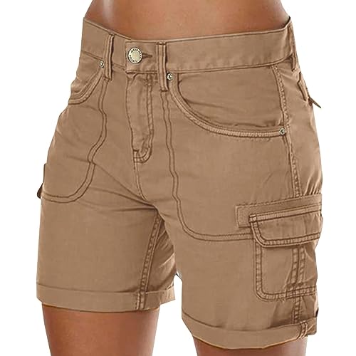 Cargo Shorts Damen High Waist Leichte Cargo Hosen, Einfarbig Lässige Sport Kurze Hose mit Knopf Reißverschluss, Lockere Weitem Bein Cargohose Damen Sommer Wanderhose Damen mit Mehrfach Taschen von QingHUImao