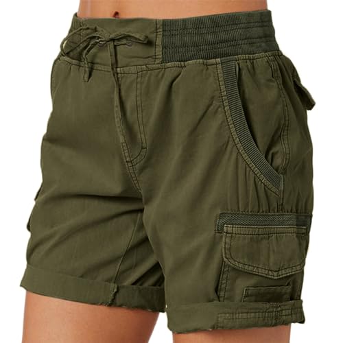 Cargo Shorts Damen Kurze Hose Sommer, High Waist Bermuda Shorts mit Gummizug, A-Linien Cargohose Locker Lässige Wandershorts Chino Sportshorts Leicht Cargoshorts für Frauen mit Mehrfach Taschen von QingHUImao