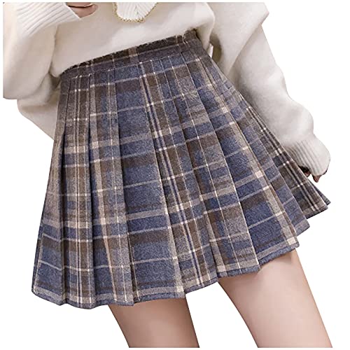 Damen A Linie High Waist Kammgarn Kariert Midirock Rock Kariert Kilt-Rock Faltenröcke Tartan Minirock Hohe Taille Kurz Skirt Informell Glocken Rock Schlichter Mini Skater Rock (Blue, S) von QingHUImao