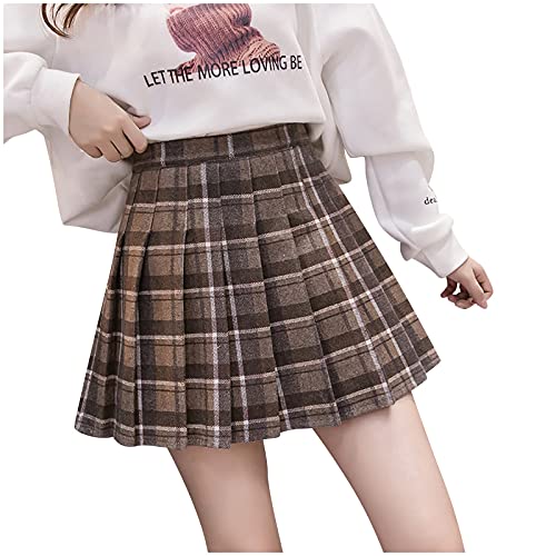 Damen A Linie High Waist Kammgarn Kariert Midirock Rock Kariert Kilt-Rock Faltenröcke Tartan Minirock Hohe Taille Kurz Skirt Informell Glocken Rock Schlichter Mini Skater Rock (Kaffee, M) von QingHUImao