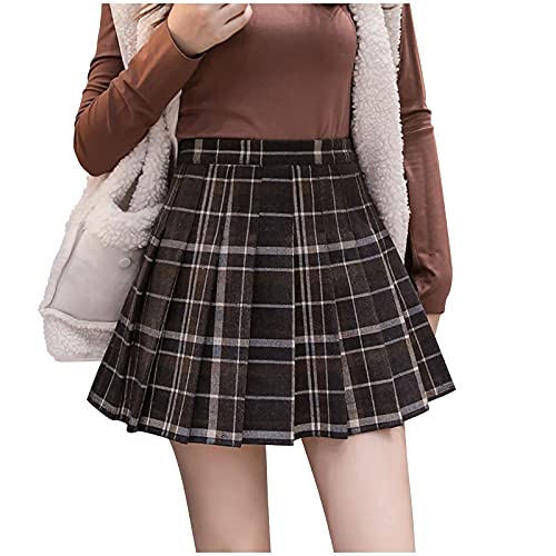 Damen A Linie High Waist Kammgarn Kariert Midirock Rock Kariert Kilt-Rock Faltenröcke Tartan Minirock Hohe Taille Kurz Skirt Informell Glocken Rock Schlichter Mini Skater Rock (Schwarz, M) von QingHUImao