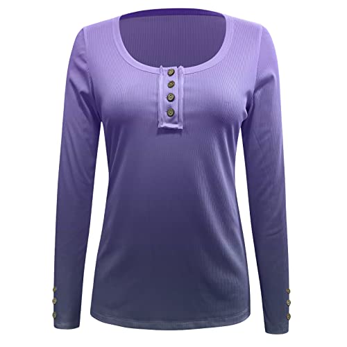 Damen Bluse Waffle Knitting V-Ausschnitt Pullover Sweatshirt Spitzenärmel Winter Spring Tops Langarm Frauen Teen Mädchen Oberteile Loose T-Shirt Elegant Oberteile mit Knopfleiste (Violett, XXL) von QingHUImao