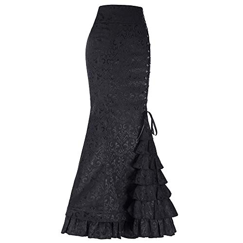 Damen Geraffter Gothic Vintage Lace Up Stufig Rüschen Fischschwanz Maxi Rock Frauen Punk Stil Retro Lang Bodycon Rock mit Spitze (Schwarz, XXXL) von QingHUImao