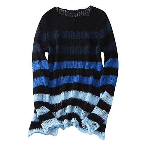 Damen Gothic Oversize Gestreifter Zerrissene Longpullover Pulloverkleid Grunge Punk Vintage Strickpullover Oberteile Jumper Tops Langarmshirt Oberteile Gestrickt Lose Oberteile (Blau-1, One Size) von QingHUImao