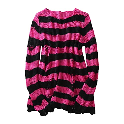 Damen Gothic Oversize Gestreifter Zerrissene Longpullover Pulloverkleid Grunge Punk Vintage Strickpullover Oberteile Jumper Tops Langarmshirt Oberteile Gestrickt Lose Oberteile (Rosa-0, One Size) von QingHUImao