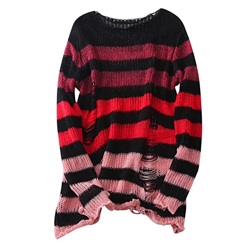 Damen Gothic Oversize Gestreifter Zerrissene Longpullover Pulloverkleid Grunge Punk Vintage Strickpullover Oberteile Jumper Tops Langarmshirt Oberteile Gestrickt Lose Oberteile (rot-1, One Size) von QingHUImao