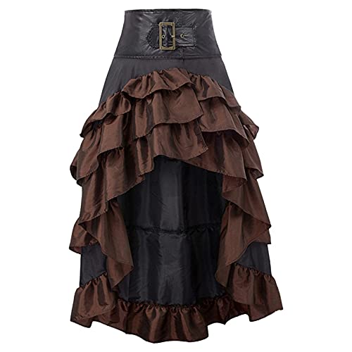 Damen Gothic Schwarz Rock Lang Röcke Röcke A-Linie Mittelalter Gothic Rock Damen Rock Knielang mit Schnalle vorne kurz, hinten lang, mit Schnürtaille (1-Brown, XXL) von QingHUImao