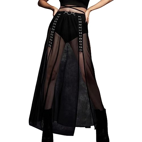 Damen Gothic Schwarz Rock Lang Röcke Röcke A-Linie Mittelalter Gothic Rock Damen Rock Knielang mit Schnalle vorne kurz, hinten lang, mit Schnürtaille (A-013, XL) von QingHUImao