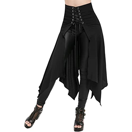 Damen Gothic Schwarz Rock Lang Röcke Röcke A-Linie Mittelalter Gothic Rock Damen Rock Knielang mit Schnalle vorne kurz, hinten lang, mit Schnürtaille (Black-A, XXL) von QingHUImao