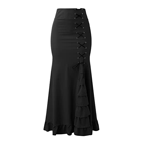 Damen Gothic Schwarz Rock Lang Röcke Röcke A-Linie Mittelalter Gothic Rock Damen Rock Knielang mit Schnalle vorne kurz, hinten lang, mit Schnürtaille (a-Black, XXL) von QingHUImao