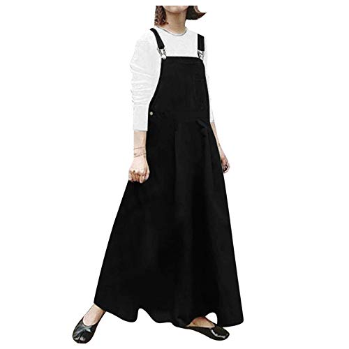 Damen Overall Latzkleid Kleider A Linie Trägerkleid Basic Kleid Träger mit Tasche Langarmkleid m. Trägern Latzrock Rock Denimrock Jeansskirt Stretch-Denim Dress Mittellanges (Schwarz, L) von QingHUImao