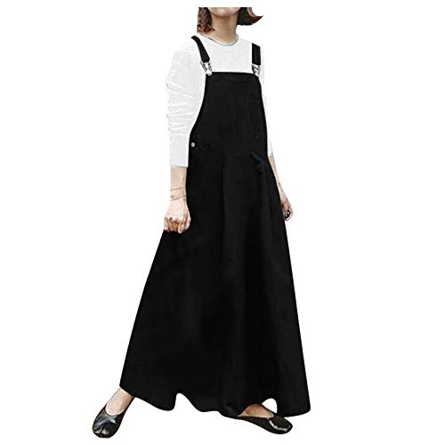 Damen Overall Latzkleid Kleider A Linie Trägerkleid Basic Kleid Träger mit Tasche Langarmkleid m. Trägern Latzrock Rock Denimrock Jeansskirt Stretch-Denim Dress Mittellanges (Schwarz, XXXL) von QingHUImao