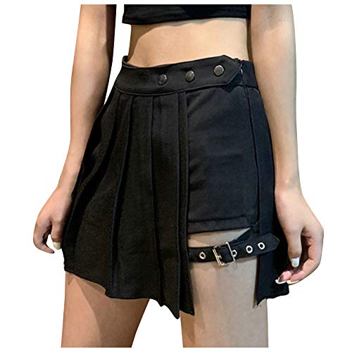 QingHUImao Damen Plissee Miniröcke Kariert Hohe Taille Kurze A-Linie Flare Lace-up Schnürung Punk Gothic Rock Kleidung Gothic Kawaii Harajuku Top e-Girl Teenager Mädchen Rock Clothes (X-SW, L) von QingHUImao