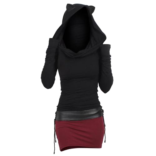 Damen Pulloverkleid Mit Kapuze Herbstkleid Sexy Pullover Kleid Kapuzenpullover Hoodie Farbeblock Slim Casual Langarm Minikleid Enges Strickkleid Herbst Winter Frauen Bodycon Gothic (A-014, XXL) von QingHUImao