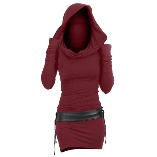 Damen Pulloverkleid Mit Kapuze Herbstkleid Sexy Pullover Kleid Kapuzenpullover Hoodie Farbeblock Slim Casual Langarm Minikleid Enges Strickkleid Herbst Winter Frauen Bodycon Gothic (A-020, L) von QingHUImao