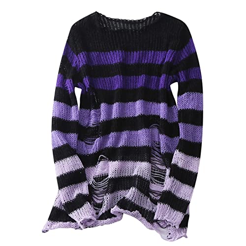 Damen Punk Gothic Strickpullover, lang, gestreift, locker, Winter, zerrissen, Übergröße Langarm Rundhals Lange Strickpullover Jumper Tops Langarmshirt Gestrickt Lose Oberteile (Violett-1, One Size) von QingHUImao