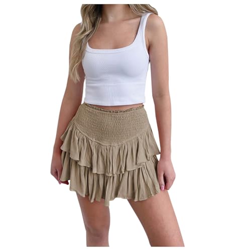 Damen Rüschen Faltenrock Kurzer Mini Rock Hohe Taille Mehrlagige Kurz Röcke Sommer A-Linie Minirock Casual Einfarbig Rock Volant Rock mit Gummibund Strandrock Sport Plisseerock (A-Khaki, M) von QingHUImao