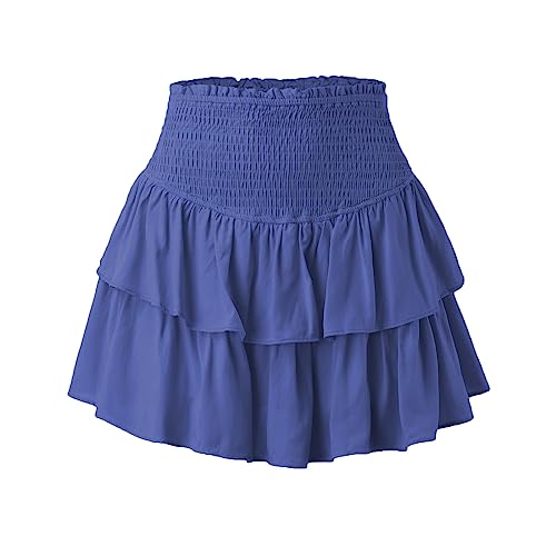 Damen Rüschen Faltenrock Kurzer Mini Rock Hohe Taille Mehrlagige Kurz Röcke Sommer A-Linie Minirock Casual Einfarbig Rock Volant Rock mit Gummibund Strandrock Sport Plisseerock (Blue #1, S) von QingHUImao