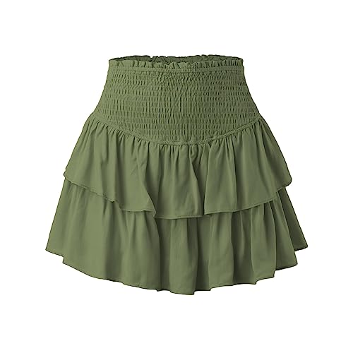 Damen Rüschen Faltenrock Kurzer Mini Rock Hohe Taille Mehrlagige Kurz Röcke Sommer A-Linie Minirock Casual Einfarbig Rock Volant Rock mit Gummibund Strandrock Sport Plisseerock (Green #1, XL) von QingHUImao